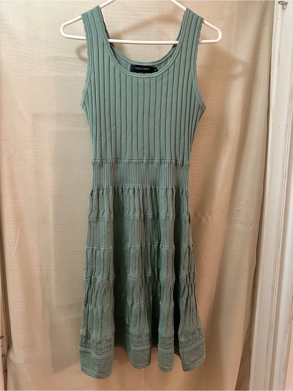 MEROKEETY Sage Green Sweater Dress Sleeveless Fit Flare Medium Boho